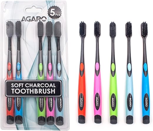 AGARO Charcoal Manual Toothbrush, Gentle Soft, Teeth Whitening For Adults & Children, Medium Tip Bristles, Family Pack of 5, Mix Colour
