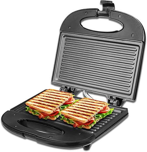 Amazon Basics 800W Electric Sandwich Grill | Non-Stick Die Cast Aluminium Plates | Auto Temp Control | Grills Sandwiches, Bread & Kebabs (Black)