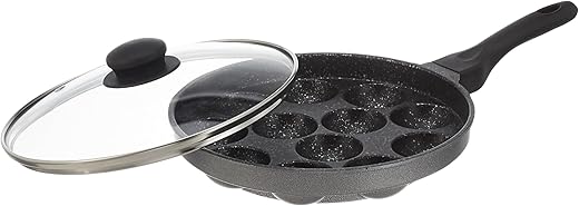 Amazon Brand - Solimo Non Stick Appe Pan with Glass Lid - 12 Cavities - 24 cms | Long Handle and Glass Lid | 3-Layered PFOA, PFOS, Lead, Cadmium and Toxin-free Coating | Appam Pan | Litti Maker (Grey)