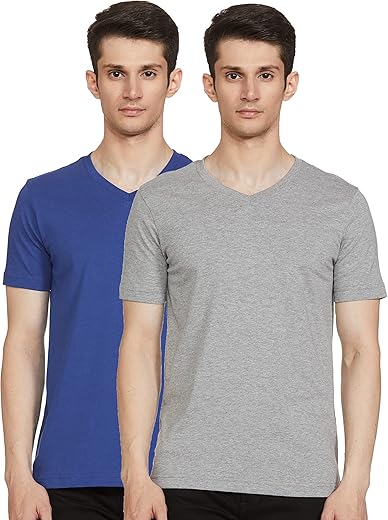 Amazon Brand - Symbol Men's Cotton T Shirt | Round Neck | Half Sleeve | Plain | Combo Pack of 2 - Regular Fit (Available in Plus Size) (Fox Blue & Mid Grey Melange_S)