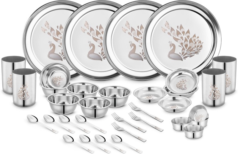 Classic Essentials Pack of 32 Stainless Steel Peacock Lazer Design Stainless Steel Heavy Gauge Dinner Set Shagun|Bartan Set Dinner Set(Silver)