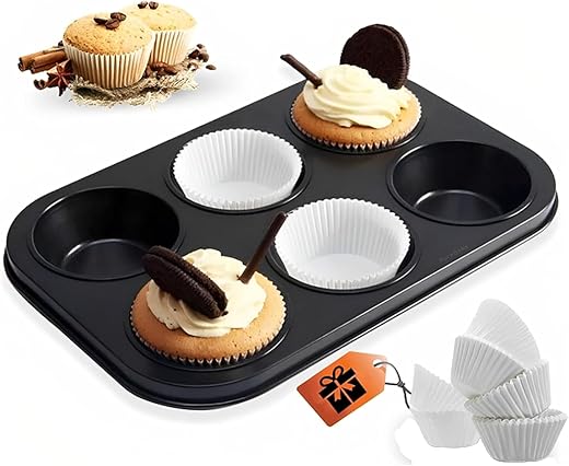 CURATED CART Cup Cake Mould for Baking | Muffin Tray with 100 Muffin Liners- SGS Certified Bakeware for Making Cupcakes - OTG, Microwave & Dishwasher Safe (6 Cavity - 1 Pc)