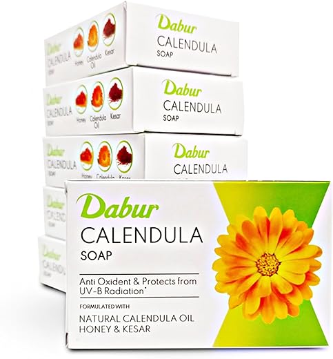 Dabur Calendula Soap - 450g (Pack of 6, 75g each) | Power of Soothing Calendula Oil | For Scarring & Sunburn | Reduces Acne & Blemishes | Calms & Replenishes Skin | For All Skin Types