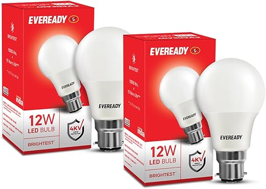 Eveready 12 Watt B22D Led Pack Of 2 Light Bulb|High Efficiency & Glare-Free Light|4Kv Surge Protection|With Wide Operating Voltage Range|100 Lumens Per Watt|Cool Day Light (6500K)