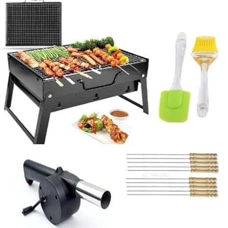 FRIEDERICH Charcoal Barbeque Grill - Portable Free Standing Folding Bbq Grill(2 Spatula,1 Bbq,10 Skewers,1 Air Blower) Barbeque Grill,Outdoor Grill Tools For Camping Hiking Picnics Traveling. (Bbq)