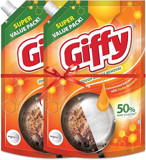 Giffy Liquid Dish Wash Gel with Turbo Boosters| 50% More Effective| Mild Fragrance Removes Odour| Easy Lather & Easy Rinse Off Formulation| Leaves No White Residue| Safe On Hands| 900ml (Pack of 2)