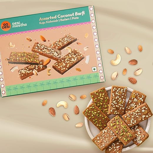 GO DESi Assorted Coconut Barfis, 200 grams burfi, Indian Sweets Gift Pack, DESi Meetha, Dry Fruits Gift, Almond Cashew Raisin Pista Bar, Sweets Indian Mithai