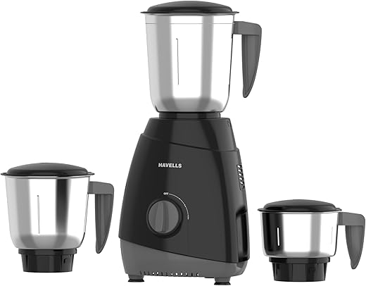 Havells Capture 500W 3 Jar Mixer Grinder, High Speed 21000 RPM Motor, Rust resistant 304 SS Blades,1.5 Ltr Bigger Size Blending Jar, ACS Technology to Enhance Motor Life (Black)