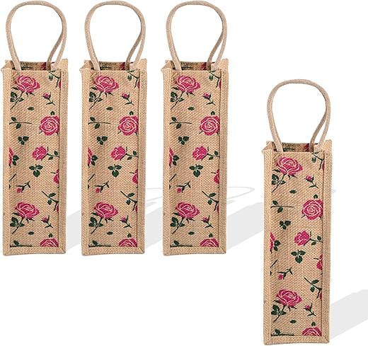 Heart Home (Pack of 4) Jute Bottle Bag | Bottle Carry Bags | 1 LTR | Office Bottle Bag | Wine Bottle Bag | Reusable Bottle Bag with Handle | Travel Bottle Bag | Small Rose-Print | Pink