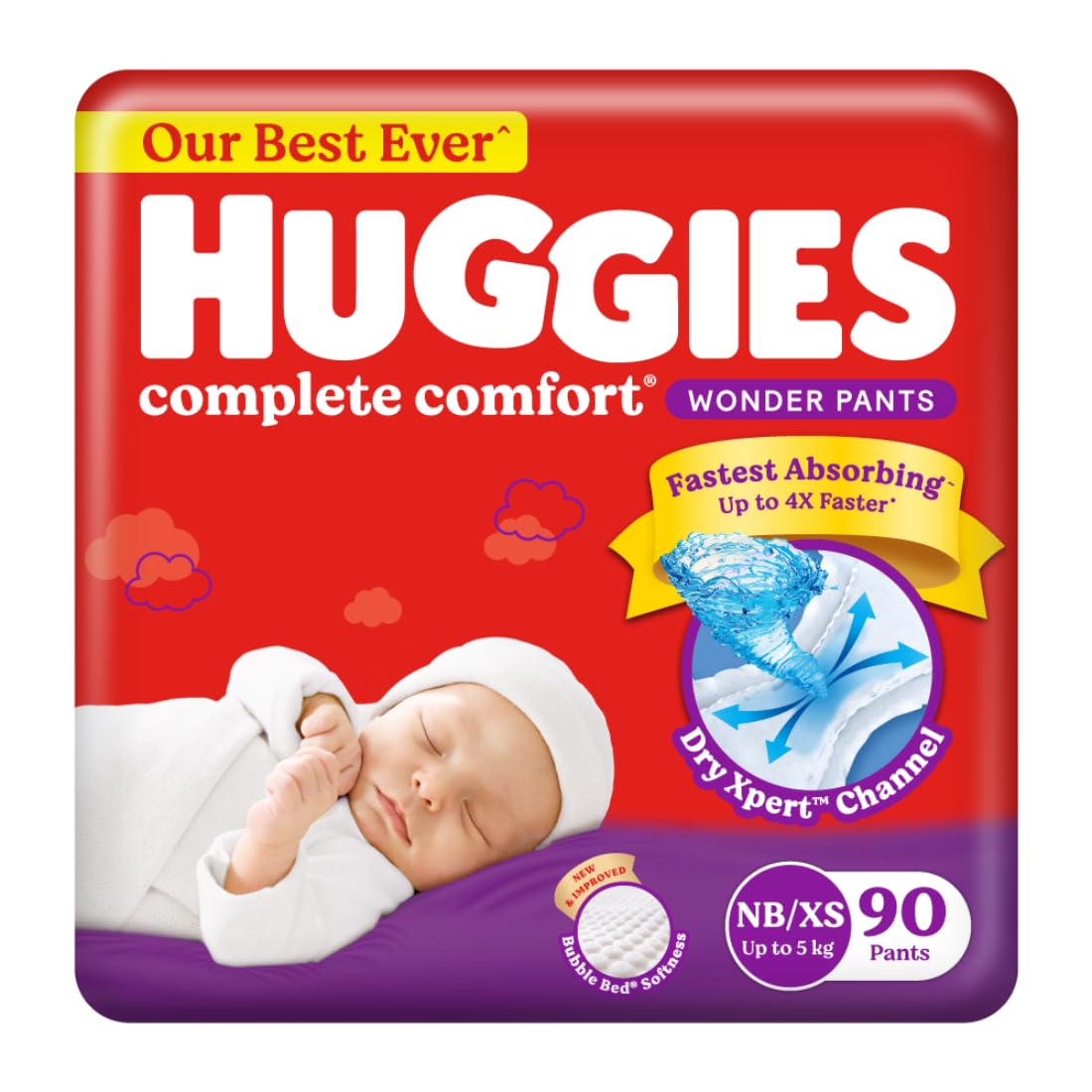 Huggies Complete Comfort Wonder Pants Newborn / Extra Small (Nb/Xs) Size (Up To 5 Kg) Baby Diaper Pants,90 Count,India'S Fastest Absorbing Diaper With Upto 4X Faster Unique Dry Xpert Channel