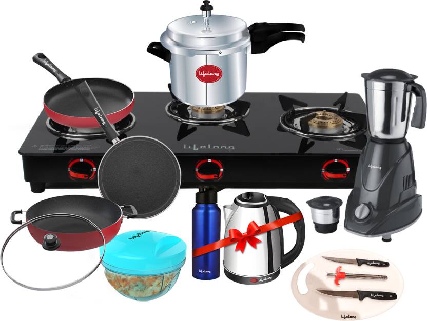 Lifelong LLCMBGS07 Family Pack Combo Glass Manual Gas Stove (3 Burners)