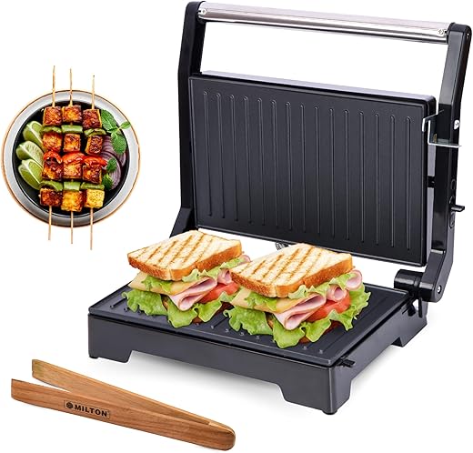 Milton Premium 800 Watt 180° Electric Grill Sandwich Maker | Auto Cut-Off | Cool Stainless steel Uni Touch Body | Non-Stick | Non Toxic BPA, PTFE Free | 1 Year Warranty - Griller + Wooden Tongs