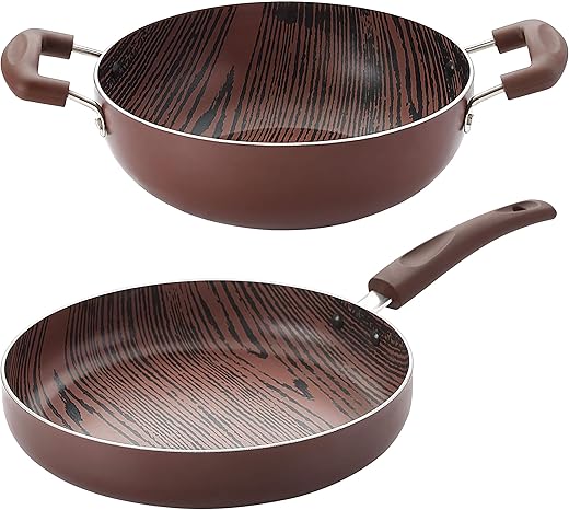 Nirlon Woody Gas Compatible Non Stick Aluminium 2 Piece Cooking Set [Frying Pan 24cm - 1.8 Liter + Kadhai 24cm - 3 Liter]