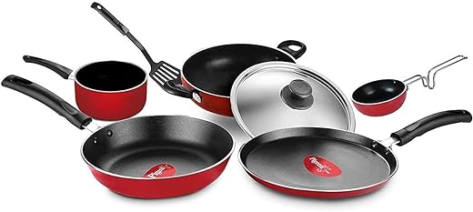 Pigeon by Stoverkraft Non-Stick Cookware Set of 7 Pc w/o Induction Base Includes Nonstick Tawa 23cm, Nonstick Fry Pan 24cm, Nonstick Kadhai with Stainless Steel Lid 24cm, Nonstick Sauce Red, Standard