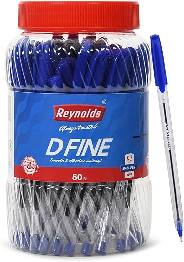 Reynolds D FINE BALLPEN - BLUE | PACK OF 50 | Ball Point Pen Set With Comfortable Grip | Pens For Writing | School and Office Stationery | Pens For Students | 0.7 mm Tip Size