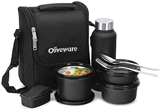 SOPL-OLIVEWARE Teso Pro Lunch Box with Steel Cutlery,3 Microwave Safe Inner Steel Containers with Bpa Free Lids(290Ml,450Ml&600Ml) Plastic Pickle Box(130Ml) Steel Water Bottle(750Ml)-Black,600 ML