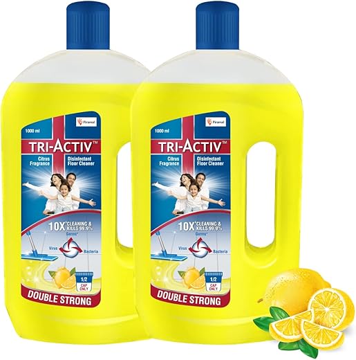 Tri-Activ Double Strong Disinfectant Floor Cleaner | Half Cap Only | 10X Cleaning with 99.9% Germ kill | Citrus Fragrance - Pack of 2 (1000ml x 2 Units)