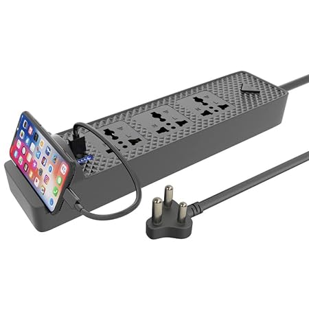 UBON 7-in-1 Power Series , 6Amp Extension Board with 3 Sockets, 3 USB Ports, 1 Mobile Stand, 2mtr Tangle-Free Cord for Home & Office Use, Universal Compatibility (Black)