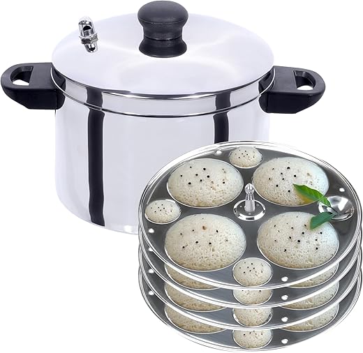 USHA SHRIRAM Stainless Steel Idli Cooker | Induction & Gas Friendly | Idly Maker with Stand | Steel Steamer For Cooking | Steamer For Vegetables Cooking (Round - 4 Plate)