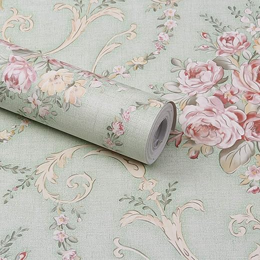 wolpin Wall Stickers DIY Decals Wallpaper (45 x 500 cm) Damask Flower Self Adhesive, Sage Green
