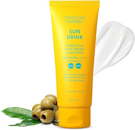 Conscious Chemist® Sunscreen SPF 50 PA++++ | 50g | Sun Cream with Hyaluronic Acid, Ceramides, Milk Thistle Extract & Olive Squalane, Sunscreen for Oily Skin, Gel Sunscreen, All Skin Types - Sun Drink