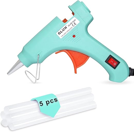 GLUN® 20 Watt Mini Glue Gun with 5 Glue Sticks 7mm, With On and Off Switch Button, LED Indicator, Transparent Glue Sticks for Craft Specialist and DIY Works (20W 5 Sticks)