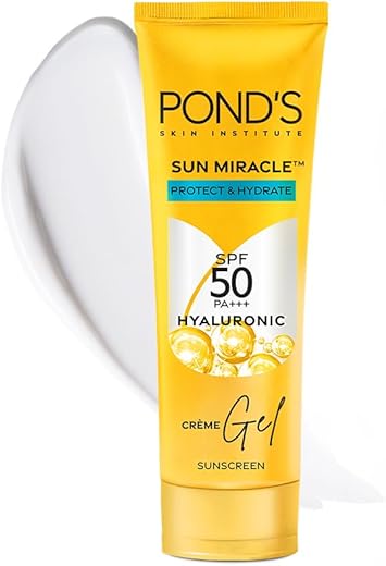 POND’S Sun Miracle SPF 50 PA+++ Crème Gel Sunscreen - Protect & Hydrate, With Hyaluronic Acid, Restores Skin Barrier, Lightweight, No White Cast 50g