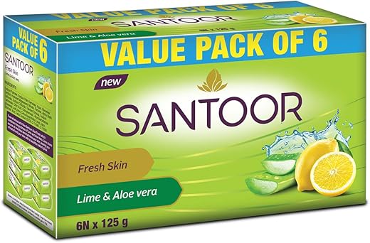 Santoor Fresh Skin Aloe Vera & Lime Bathing Soap with Nourishing & Anti-Aging Properties| For Smooth & Soft and Younger-Looking Skin| For All Skin Types| 125g, Pack of 6