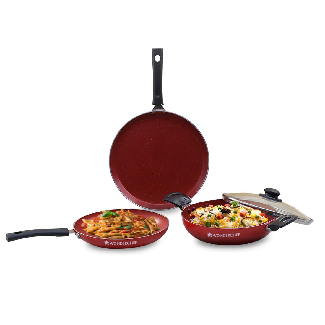 Wonderchef Valencia Non-Stick Cookware 4 Piece Set | Kadhai with Lid 24 cm, Fry Pan 24 cm, Dosa Tawa 28 cm | Cool Touch Bakelite Handles | Pure Grade Aluminium| PFOA Free| 2 Years Warranty | Red