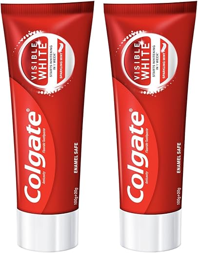Colgate Visible White Toothpaste, Teeth Whitening Starts in 1 week, Safe on Enamel, Stain Removal Tooth Paste and Minty Flavour for Fresh Breath (200g + 40g, Combo Pack)