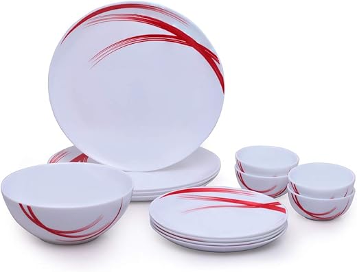 Larah by Borosil - Moon Series, Red Stella 13 Pieces Opalware Dinner Set, White