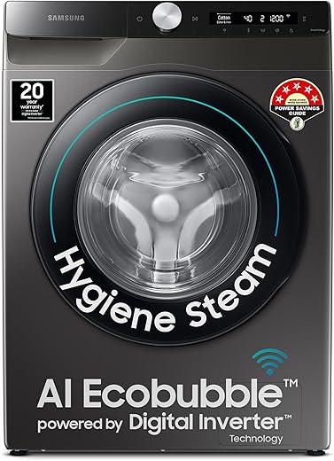 Samsung 8 kg, 5 Star, AI Ecobubble, Wi-Fi, Hygiene Steam with Inbuilt Heater, Digital Inverter, Fully-Automatic Front Load Washing Machine (WW80T504DAX1TL, Inox)