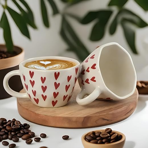Zara Decor Center | Ceramic Handpainted Heart Mug | Coffee Mug, Heart Cup | Tea Cup, Mug for Coffee | Aesthetic Tea Cup | Cups Ceramic Heart | Bubble Cup | 300 ml (Pack of 2)