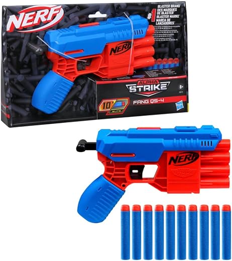 Nerf Alpha Strike Fang Qs-4 Toy Blaster, Fire 4 Darts in A Row, 10 Nerf Darts, Gift Toys for Kids Teens&Adults, Toy for Boys, Birthday Gift Toy Ages 8+,Best Xmas Gift,Multicolor