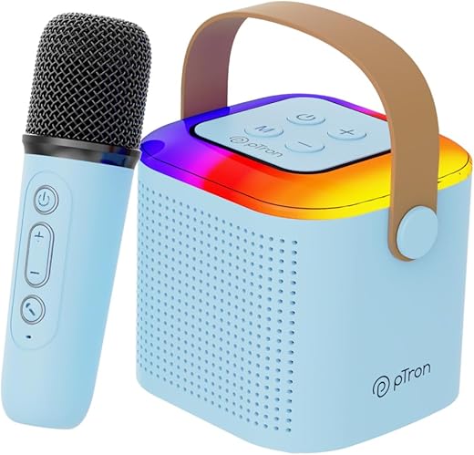 pTron Newly Launched Fusion Tunes 10W Mini Bluetooth Speaker with Wireless Karaoke Mic, 8Hrs Playtime, Vivid RGB Lights, Voice Effects, Multi-Play Modes BT5.1/TF Card & Type-C Charging Port (Blue)