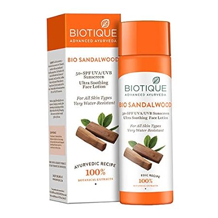 Biotique Bio Sandalwood 50+ SPF Sunscreen Ultra Soothing Face Lotion for All Skin Types Very Water-Resistant ,120ml