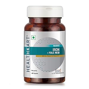Healthkart Iron + Folic Acid with Zinc, Vitamin C & Vitamin B12, 60 Veg Capsules (60)