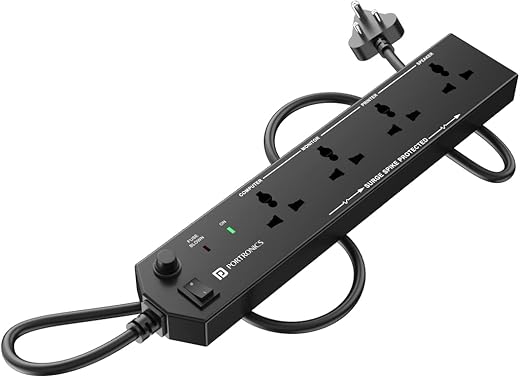 Portronics Power Plate 10 Extension Board with 4 Universal Sockets, 3 Meter Long Cord, 1500 Watts, 6 Amp Multi Plug for Office & Home Appliances (Black)
