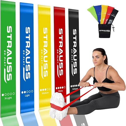 Strauss Natural Latex Resistance Loop Bands | Smell-Free & Skin Friendly | (Pack of 5) Useful for HIPS, Arms & Legs Workouts. Tear Resistant & Anti-Slip | Theraband for Fitness & Toning, Multicolor