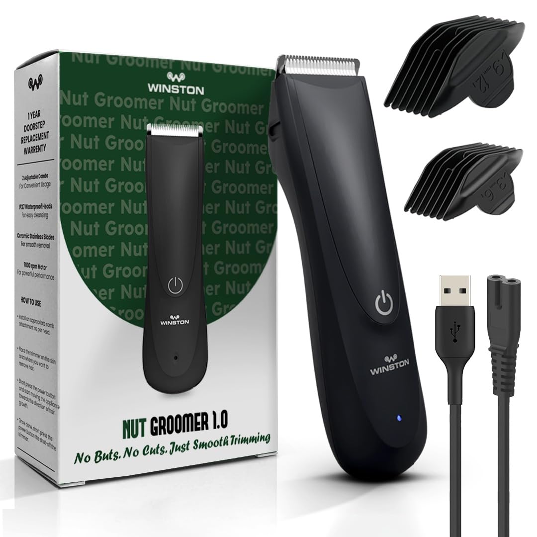 Winston Rechargeable Waterproof Body and Ball Trimmer for Men - Nut Groomer 1.0, Suitable for Beard Trimmer, Private Part Shaving, Pubic Hair with No-Cut Ceramic Blade – 120 Min cordless use