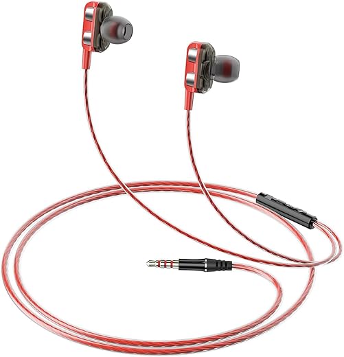 amazon basics in-Ear Wired Earphones with 9 mm Dual Drivers, in-Line Mic, Powerful Bass, Noise Isolation, 3.5 mm Audio Jack (Black and Red)