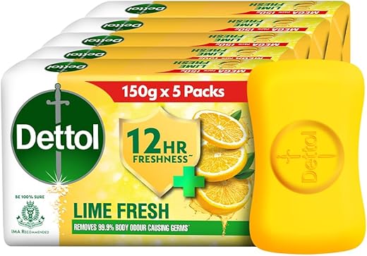 Dettol Lime Fresh (Lime Cool) Bathing Soap Bar with 12hr Freshness (750gm) |Long Lasting Freshness, 150gm Pack of 5