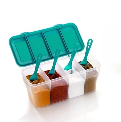 Xmart India Multipurpose Plastic Storage Box and Organiser, Spice Boxes for Kitchen,4 Grid Storage Containers Grocery,Cereal,Kitchen Accessories Items for Home 1800 Ml with 4 Spoons (Pista)