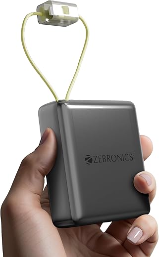 ZEBRONICS EnergiTank 10R1, Compact Power Bank, 10000 mAh, 22.5W Rapid Charging, Built-in Type C & Lightning Cable + Type C Port, LED Percentage Indicator, for iPhone, Android, Tablets, Airpods (Grey)