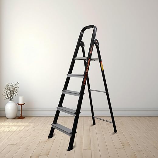 Bonkaso Climb Lite Pro Foldable Aluminium Ladder, Multipurpose Ladder for Home & Office, Anti-Skid Steps, Heavy Duty Platform, 5 Steps, 5 Years Warranty (Black - 165h x 49w Cms)