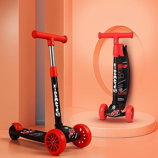 Kidsmate Cruiser Kick Scooter for Kids with Broad Wheels | 3-Wheel Skate Scooter for Boys & Girls of Ages 2-12 Years | 5-Level Adjustable Height, and Easy Fold Design Scooter for Kids (Black)