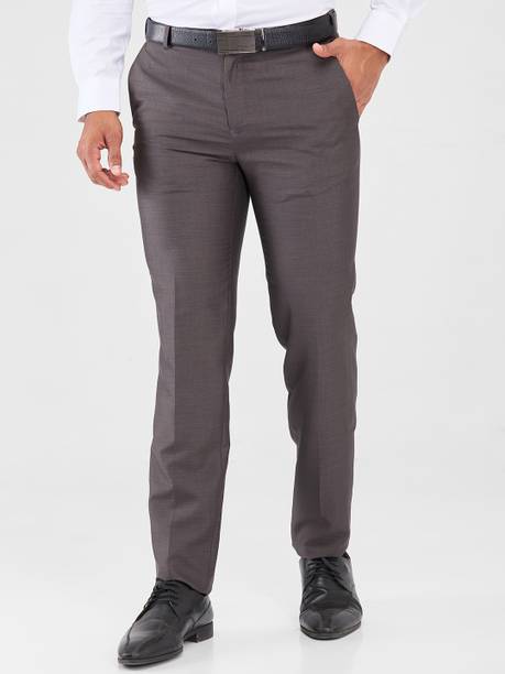 Men Slim Fit Grey Polyester Trousers