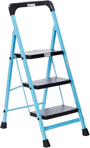 amazon basics - Foldable Step Ladder with Tool Tray, Safety-Clutch Lock, Ribbed Steps, Anti-Skid Rubber Shoes, 3 Steps (Iron Ladder, Black & Blue)