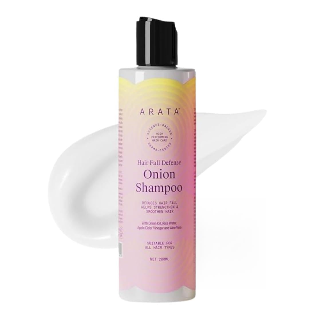 Arata Hair Fall Defense Onion Shampoo (200 ML) | Controls Hair Fall | Helps Strengthen & Smoothen Hair | With Onion Oil, Rice Water, Apple Cider Vinegar and Aloe Vera