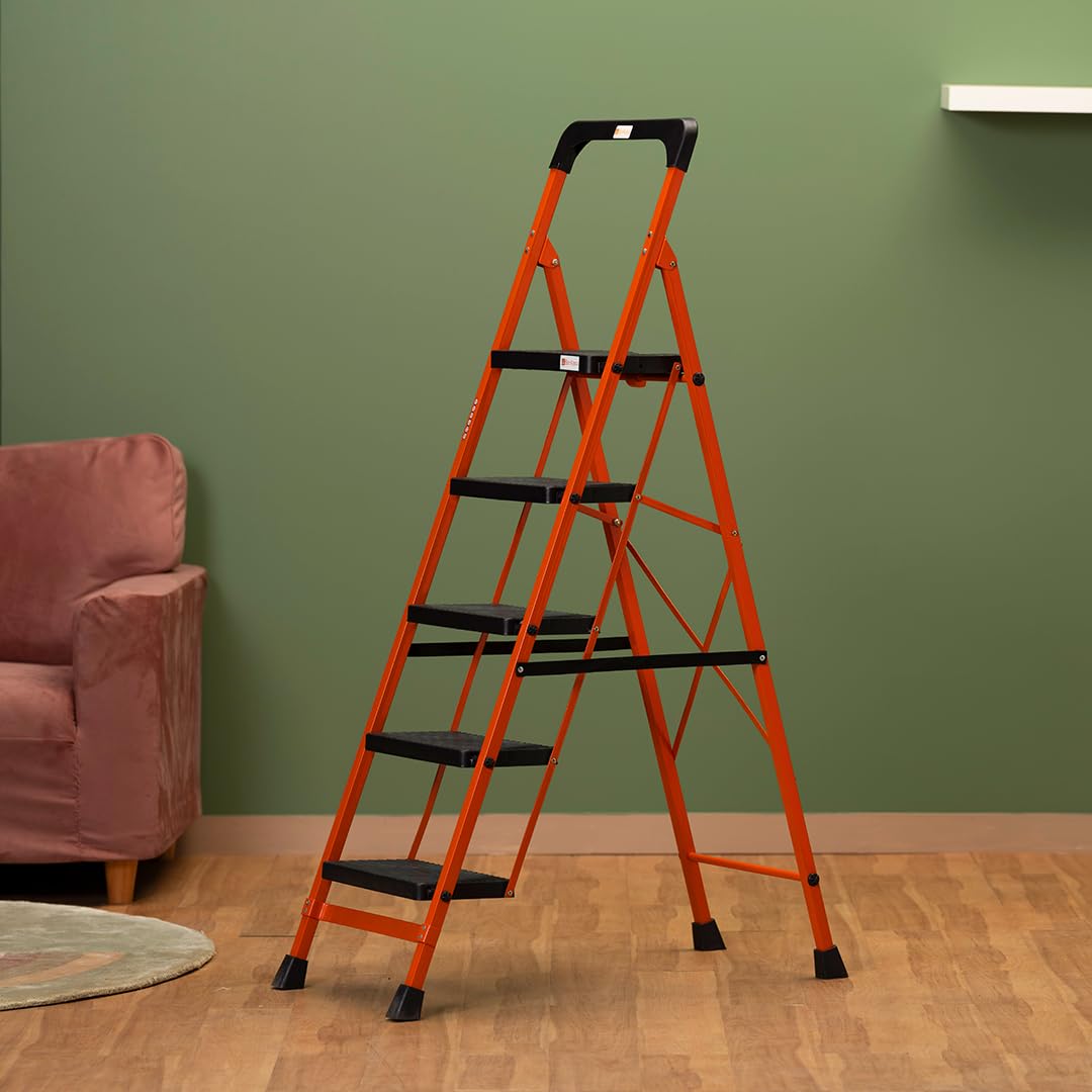 BonKaso Premium Steel Multipurpose Climb Easy Anti-Slip 5-Step Foldable Ladder with Safety Clutch Lock, Support Handle and Tool Tray for Home - (Orange & Black)